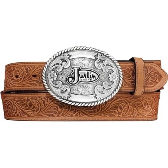 JUSTIN TROPHY Unisex Cognac Brown Leather Belt with Silver Buckle Size 36 - Picture 1 of 10